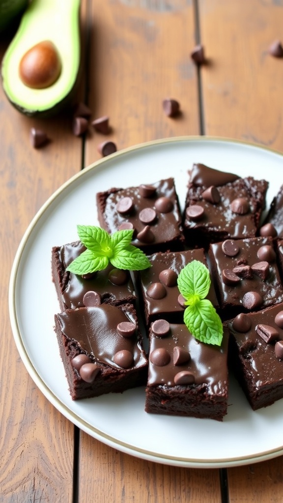 Decadent keto chocolate avocado brownies on a plate, topped with chocolate chips and mint leaves.